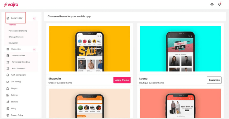 Review Vajro Shopify Mobile App Builder: Features & Pricing 3 Customize-themes-feature