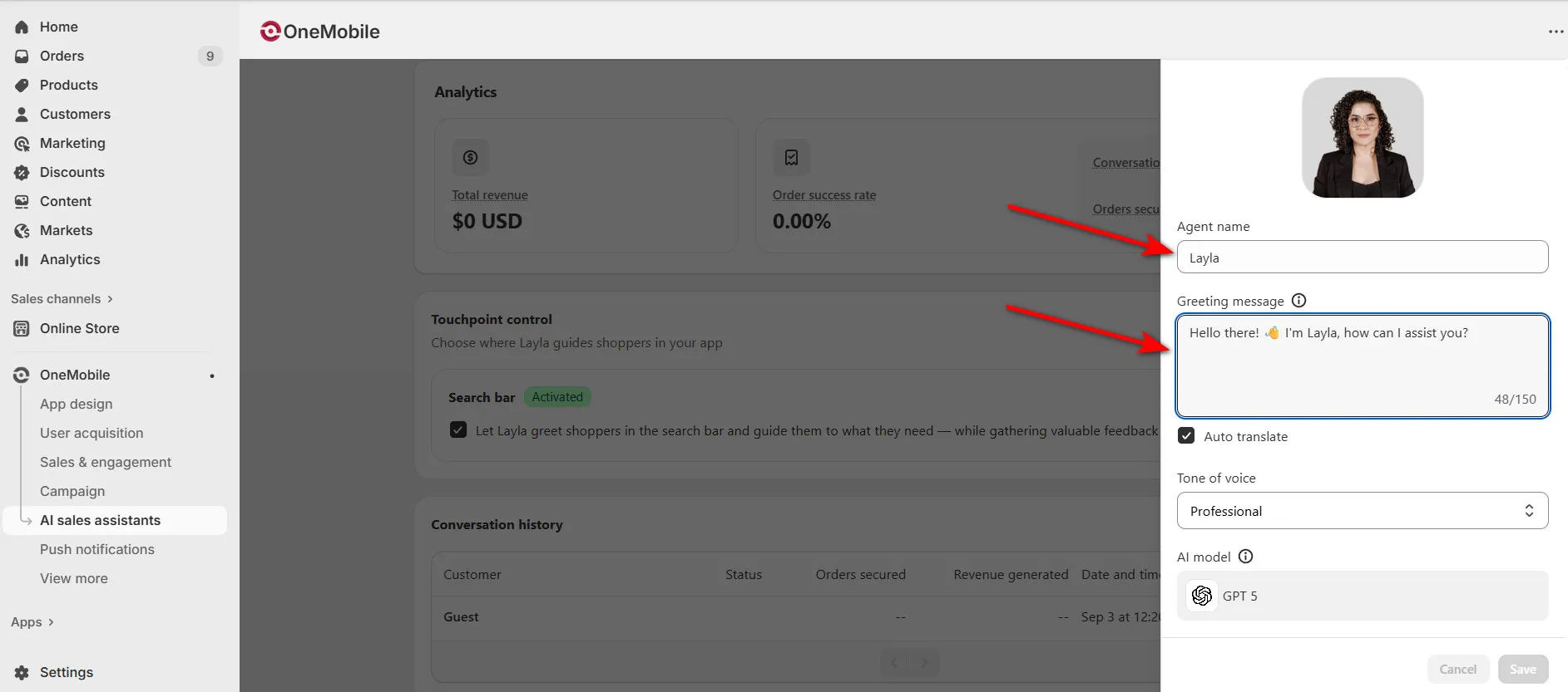edit your agents avatar name and greeting message