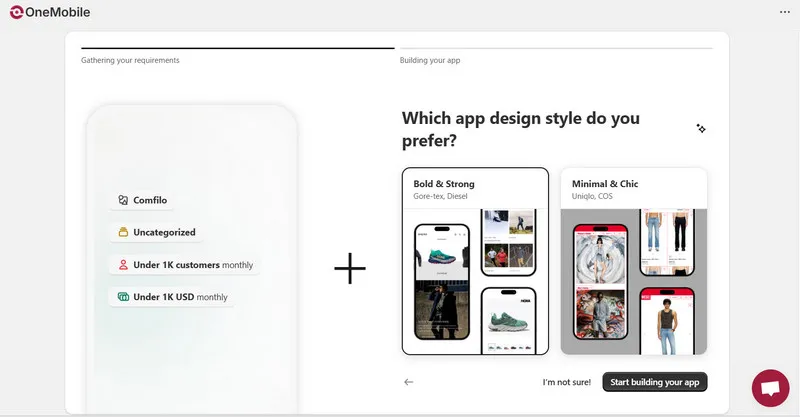 App builders like OneMobile let you pick a design style that matches your brand