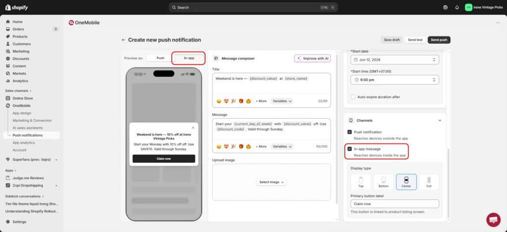 In-app Message, Smarter Push Automation, and Industry Screen Templates 2 in app message settings